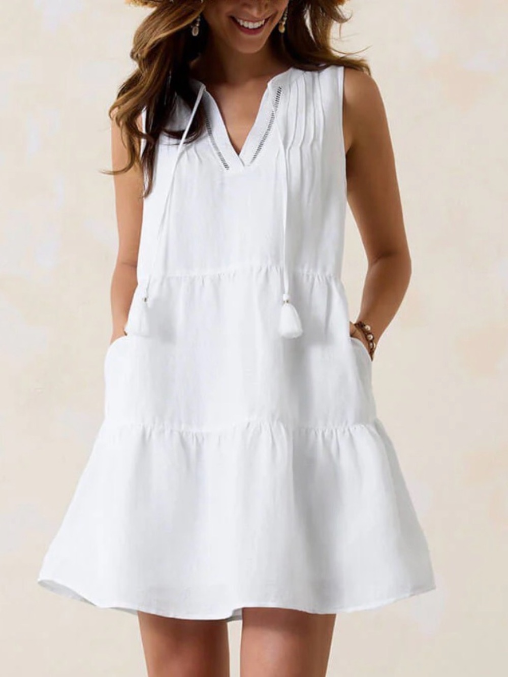 Tommy Bahama St. Lucia Tiered White Sleeveless Tassel Tie Dress
